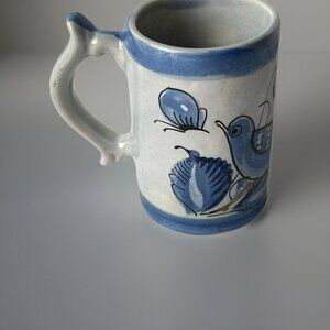 Tonala Mexico Pottery Mug Cup Blue Bird Hand Painted Leaf Folk Art Vtg 3 3/4"